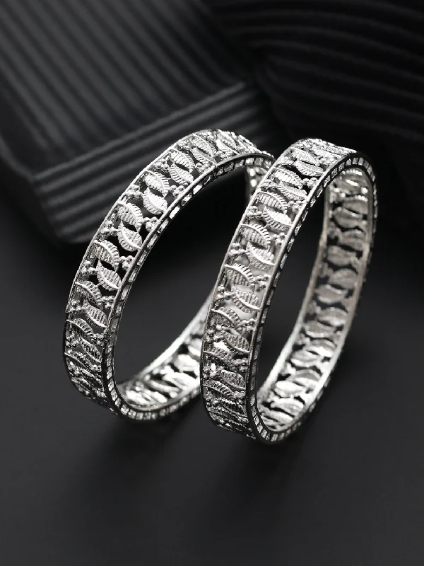 Wedding Bangles for Women-Set Of 2 Silver-Plated Leaf Shaped Bangles