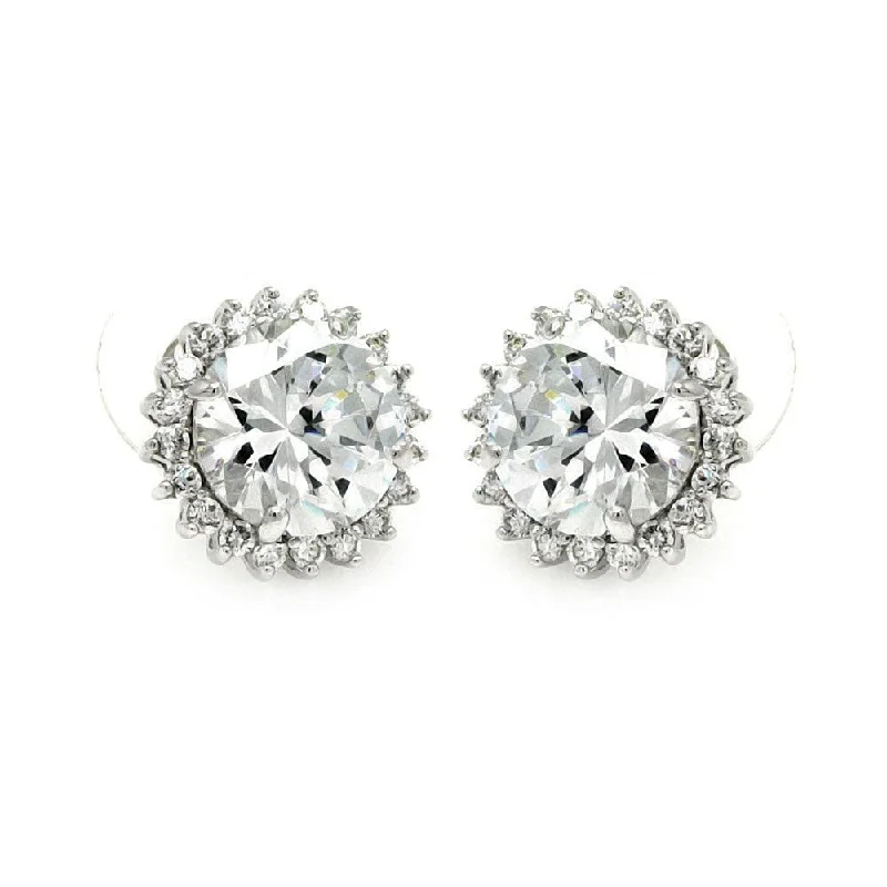 Large Dangle Earrings-Silver 925 Rhodium Plated Round Center Sun CZ Stud Earrings - BGE00212