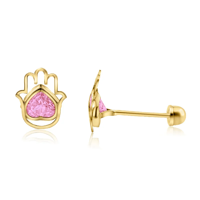 Simple Earrings for Everyday-14E00313PNK. - 14 Karat Yellow Gold Hamsa Heart Pink CZ Screw Back Stud Earrings