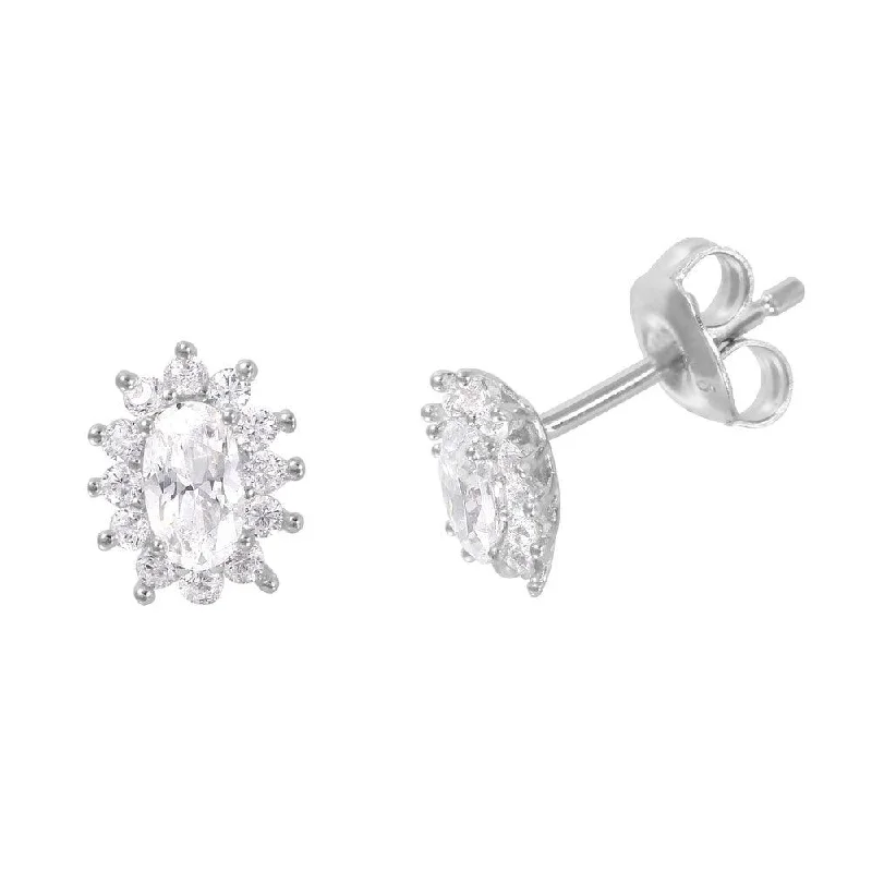 Cute Hoop Earrings-Silver 925 Rhodium Plated Oval CZ Burst Stud Earrings - GME00012