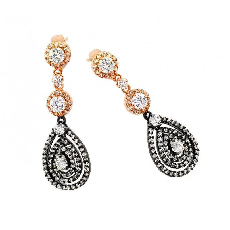 Silver Dangle Earrings-Silver 925 Rose Gold and Black Rhodium Plated Teardrop Round CZ Dangling Stud Earrings - BGE00285