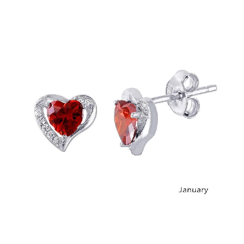 Luxury Drop Earrings-Rhodium Plated 925 Sterling Silver Heart with Birthstone Center Stud Earrings January - STE01028-JAN