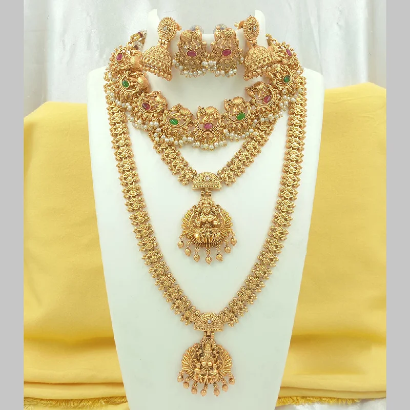 Luxury Crystal Necklaces-Joyful Jewel Art Matte Gold Plated Pota Stone Temple Long Necklace Combo