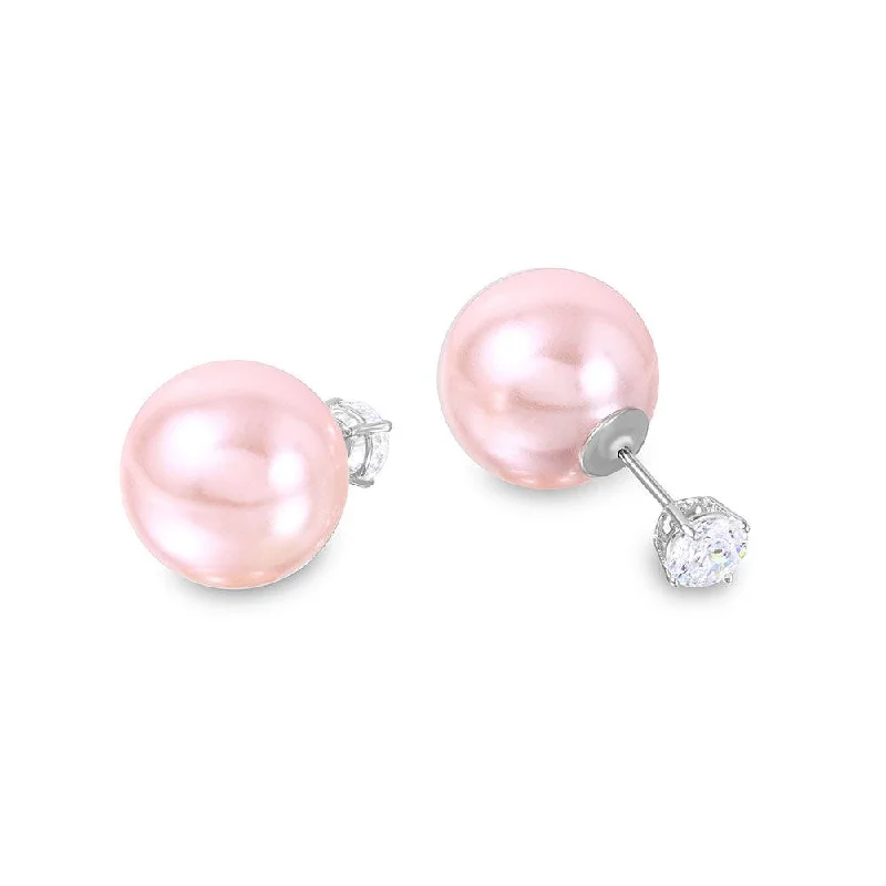 Modern Dangle Earrings-Silver 925 Rhodium Plated CZ Pink Synthetic Pearls Front and Back  - STE00994PNK