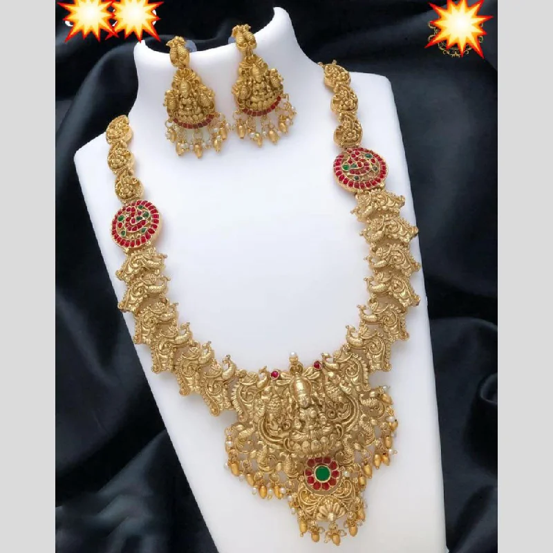 Minimalist Silver Necklaces-Manisha Jewellery Gold Plated Pota Stone Temple Necklace Set