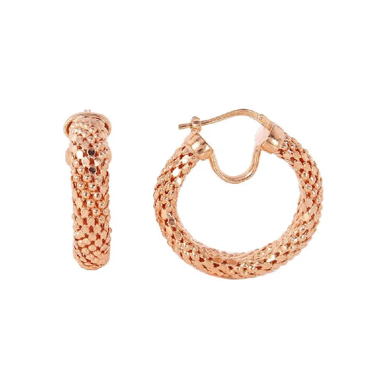 Sparkling Hoop Earrings-Clearance-Silver 925 Rose Gold Plated Thin Hoop Chain-texture Earrings - ITE00060RGP