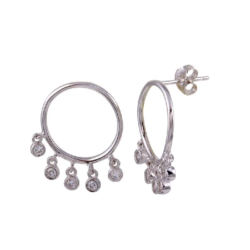 Boho Earrings for Weddings-Rhodium Plated 925 Sterling Silver Dangling Open Circle CZ Earrings - BGE00644