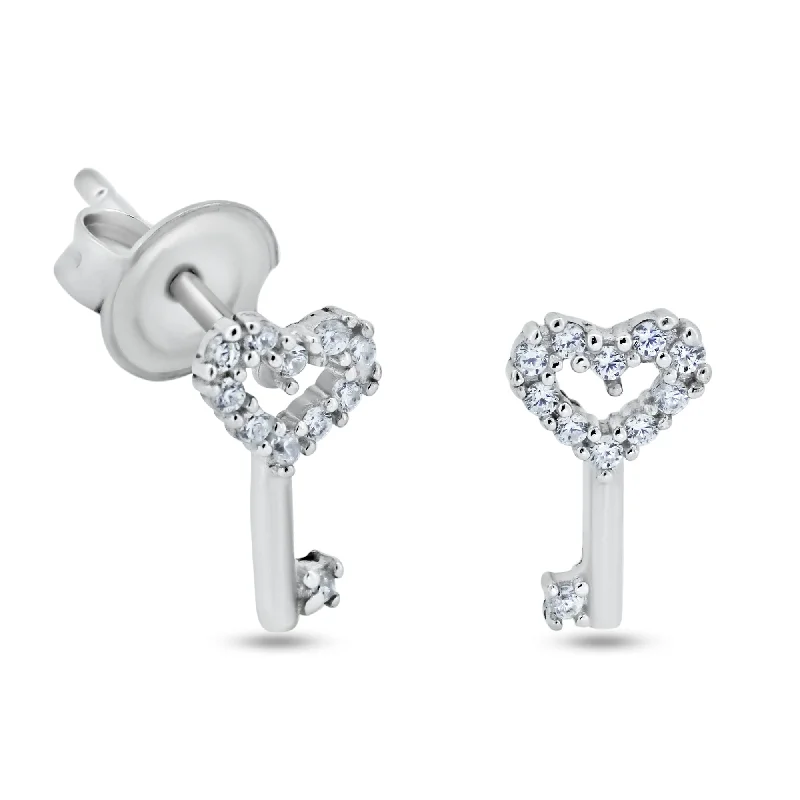 Simple Dangle Earrings-Rhodium Plated 925 Sterling Silver CZ Heart Key Stud Earrings - GME00135