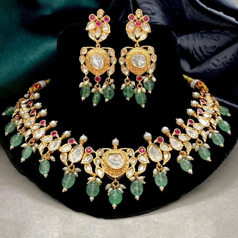 Luxury Gold Necklaces-Royal Kundan Jewellery Gold Plated Crystal Stone Necklace Set