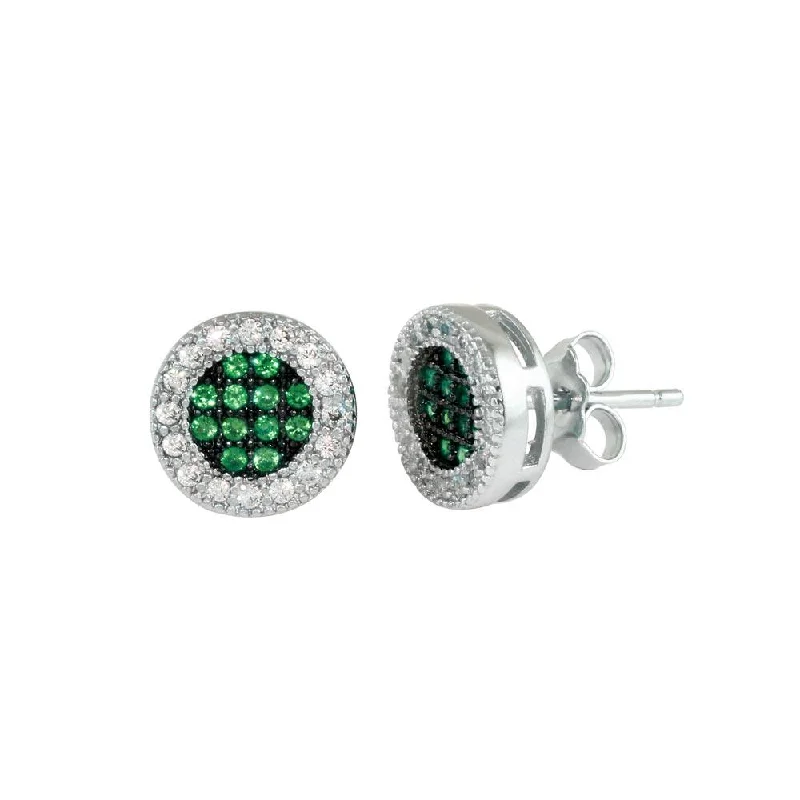 Boho Earrings for Weddings-Rhodium Plated 925 Sterling Silver Clear and Green CZ Halo Stud Earrings - BGE00631GRN