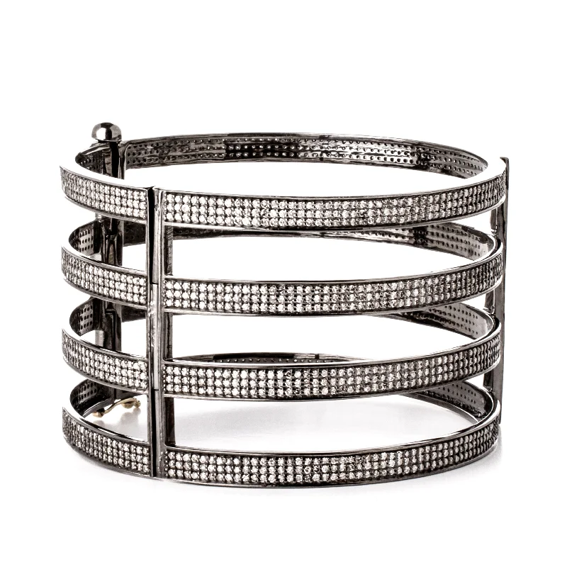 Adjustable Silver Bangles-Four-Bar Diamond Cuff Bangle