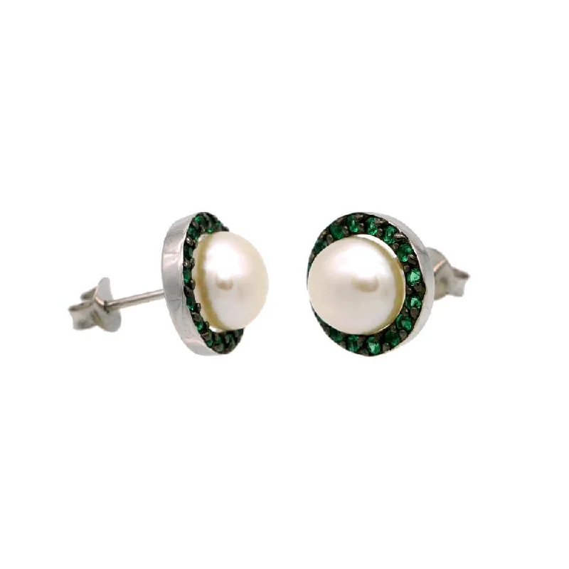 Statement Earrings for Women-Rhodium Plated 925 Sterling Silver Halo Synthetic Mother of Pearl Stud Earring with Green CZ - BGE00652GRN