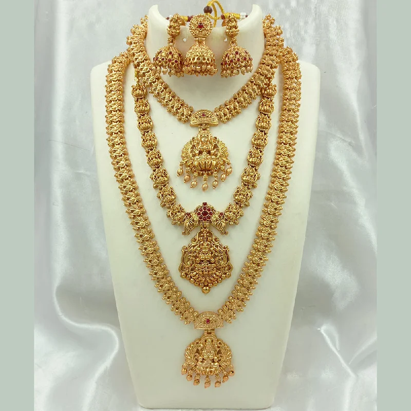 Classic Diamond Necklaces-Joyful Jewel Art Matte Gold Plated Pota Stone Long Temple Necklace Combo