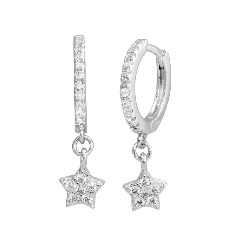 Handmade Hoop Earrings-Rhodium Plated 925 Sterling Silver Dangling CZ Star huggie hoop Earrings - STE01213