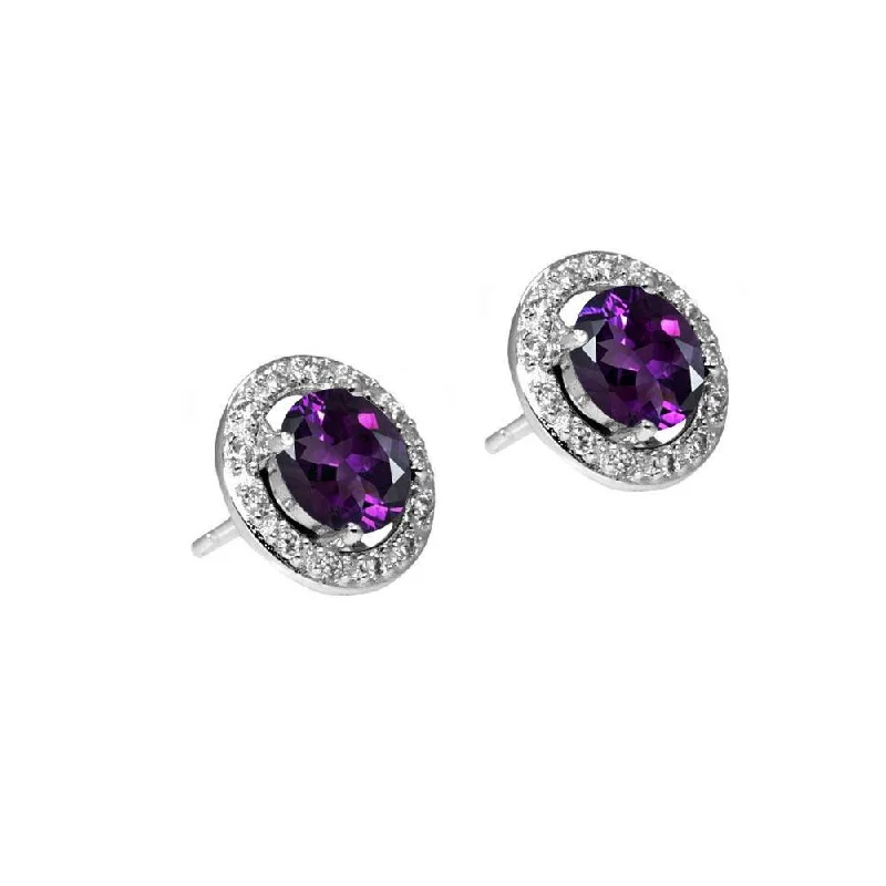 Bold Statement Earrings-Silver 925 Rhodium Plated Purple and Clear Round CZ Stud Earrings - BGE00332