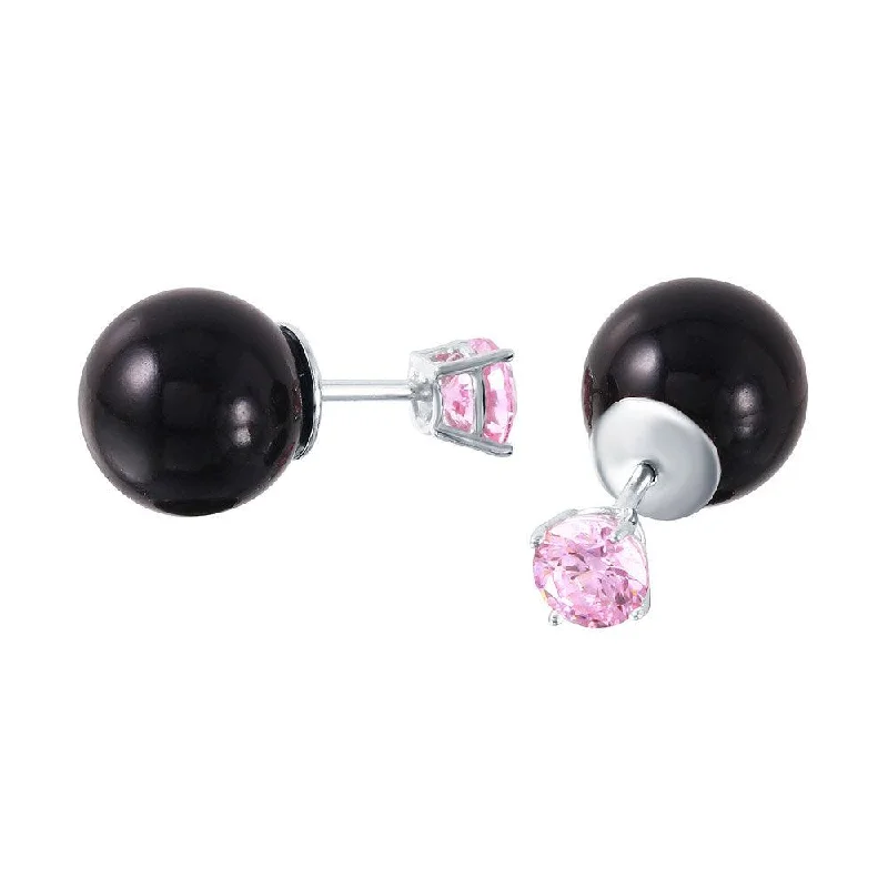 Unique Gold Earrings-925 Sterling Silver Pink CZ Black Synthetic Pearl Front and Back  Earring - STE01000OCT