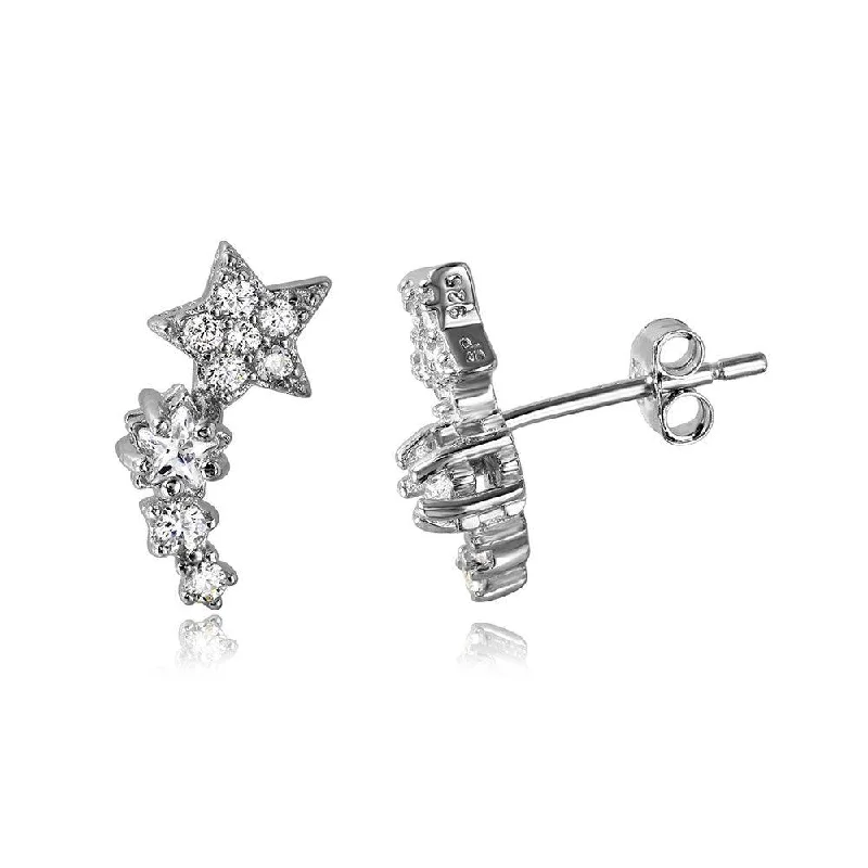 Gorgeous Pearl Earrings-Silver 925 Rhodium Plated Climbing Star CZ Stud Earrings - STE01056