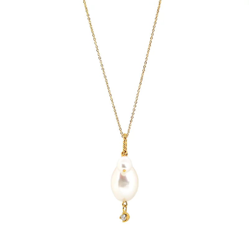 Dainty Necklaces for Women-Double Pearls and Diamond Pendant / Necklace, Solid Gold