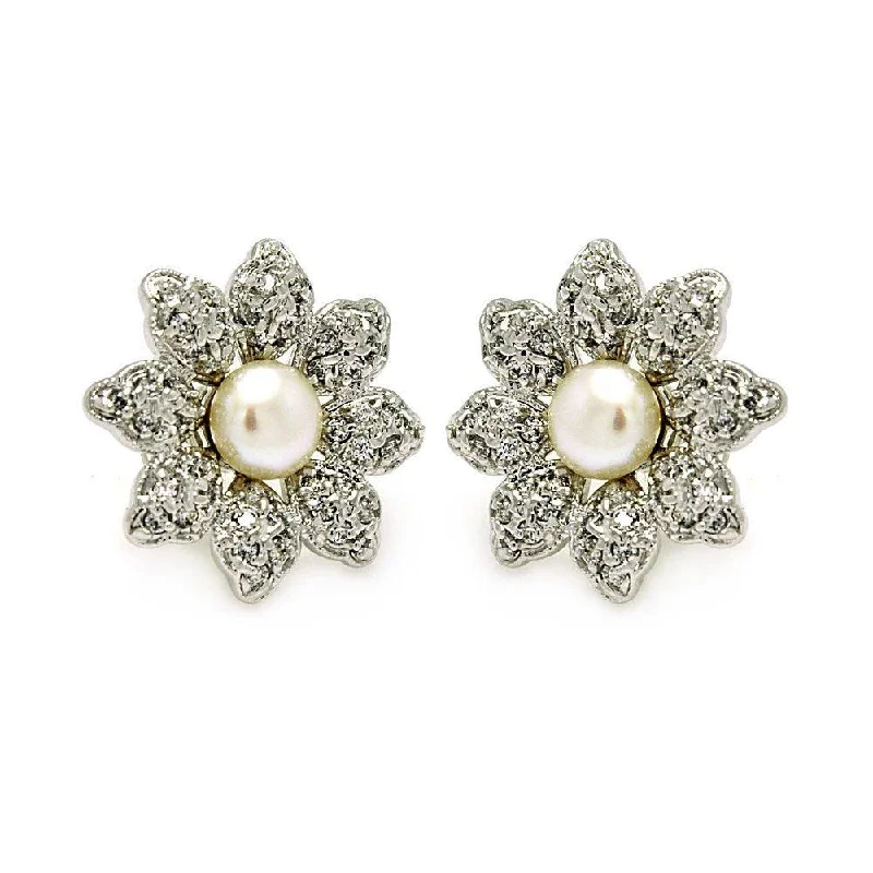 Unique Silver Stud Earrings-Silver 925 Rhodium Plated Flower CZ Inlay Center Pearl Stud Earrings - BGE00214