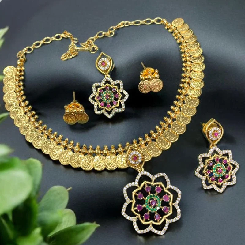 Colorful Pearl Necklaces-Sona Creation Gold Plated Austrian Stone Temple Necklace Set