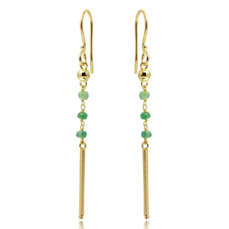 Elegant Dangle Earrings-Gold Plated 925 Sterling Silver Dangling 3 Green Bead with Matte Gold Bar Earrings - DIE00009GP-EM