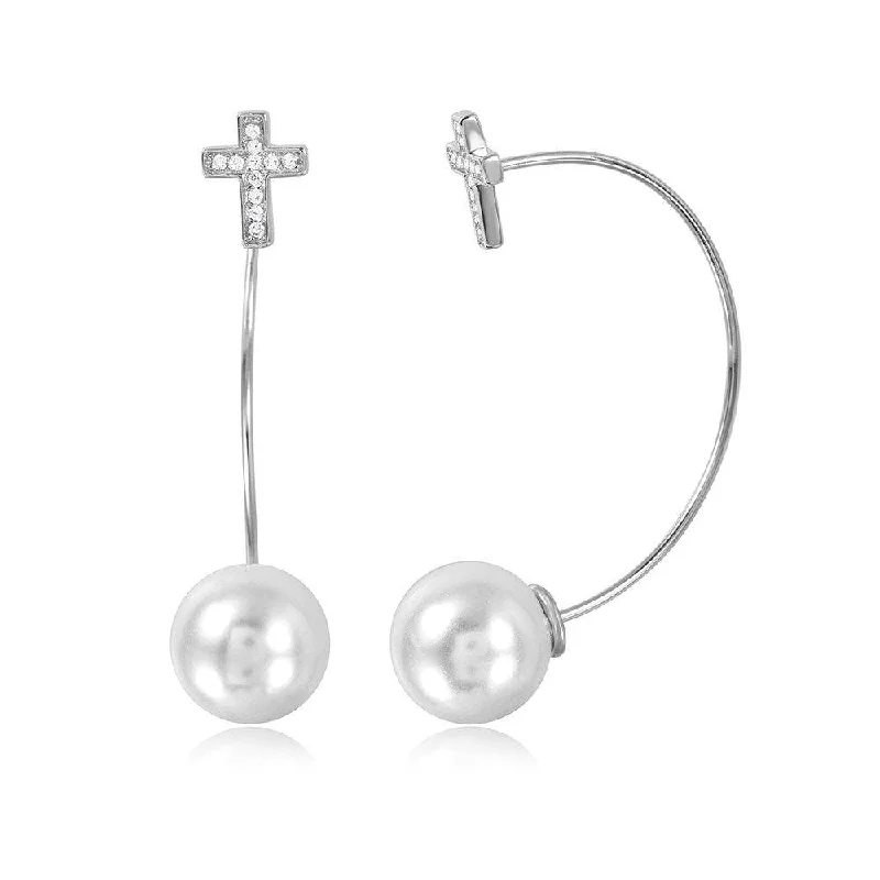 Bohemian Style Earrings-Silver 925 Rhodium Plated Cross Earrings with Hanging Synthetic Pearl - STE01047