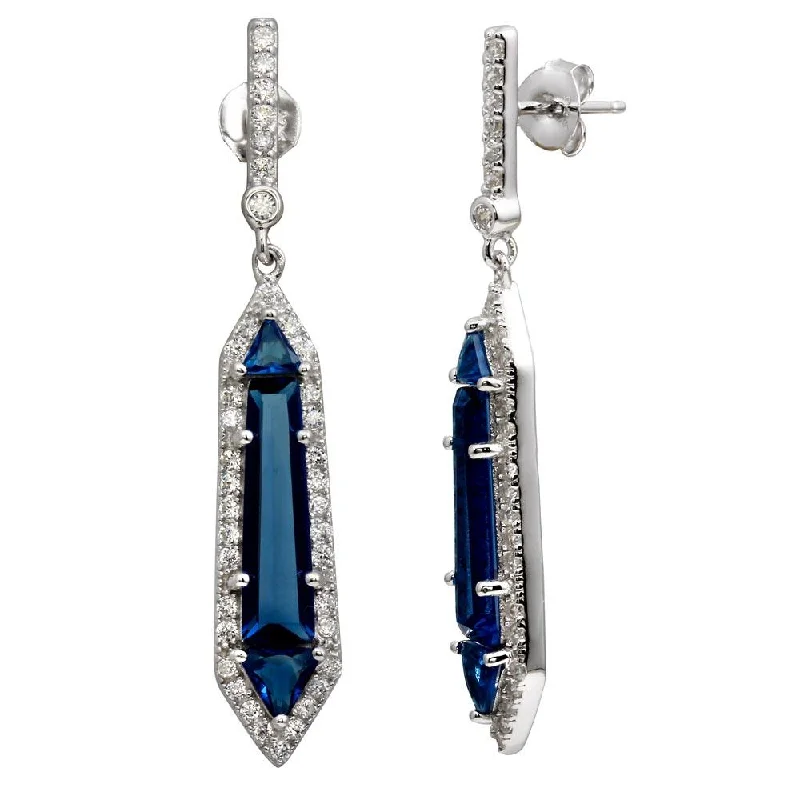 Gemstone Stud Earrings-Rhodium Plated 925 Sterling Silver Dangling Blue and Clear CZ Earrings - BGE00578BLU