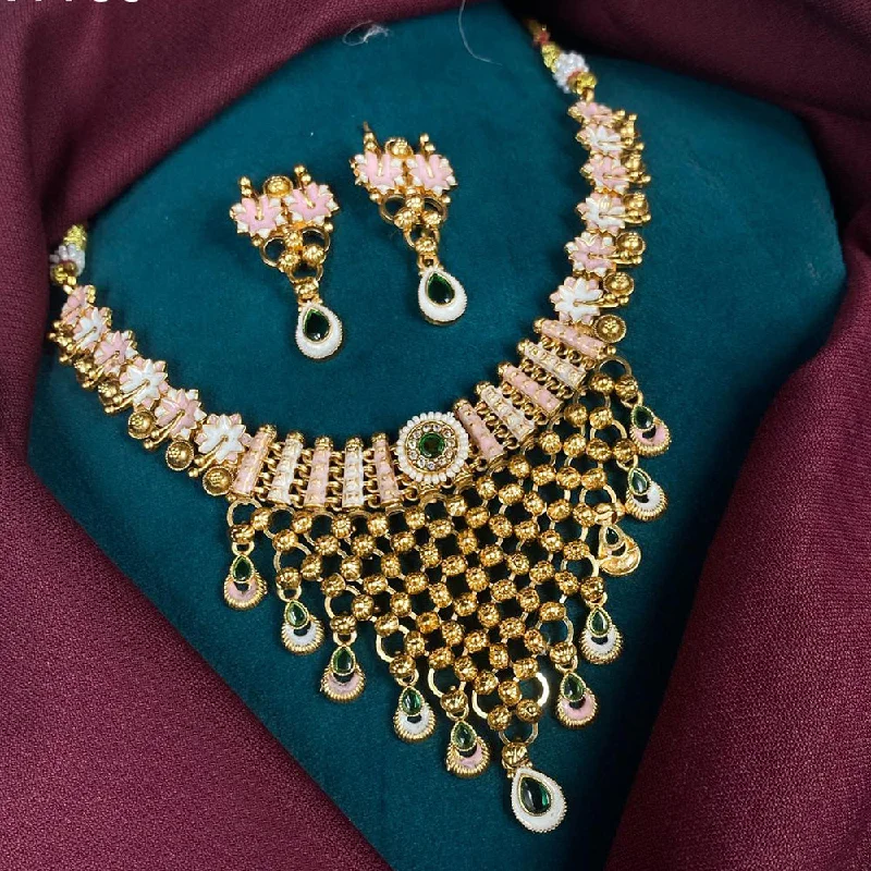 Stunning Pendant Necklaces for Brides-Amoliya Jewels Gold Plated Pota Stone Pearls And Meenakari Necklace Set