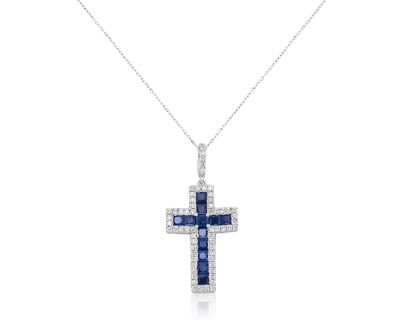 Elegant Pearl Pendant Necklaces-DIAMOND AND BLUE SAPPHIRE CROSS NECKLACE