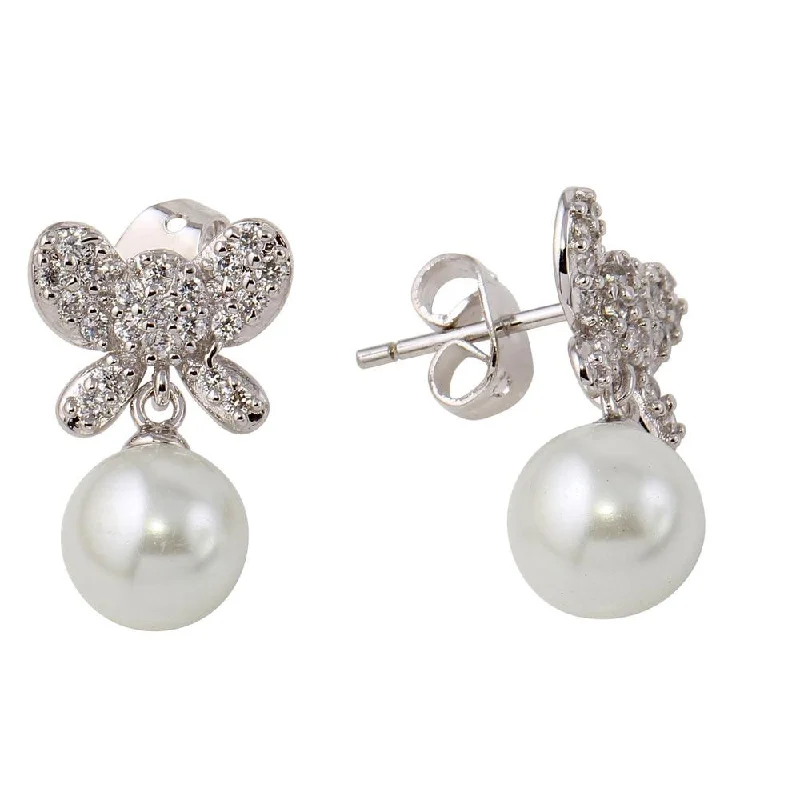 Round Drop Earrings-Rhodium Plated 925 Sterling Silver Butterfly Earrings with Dangling Synthetic Pearl - BGE00422