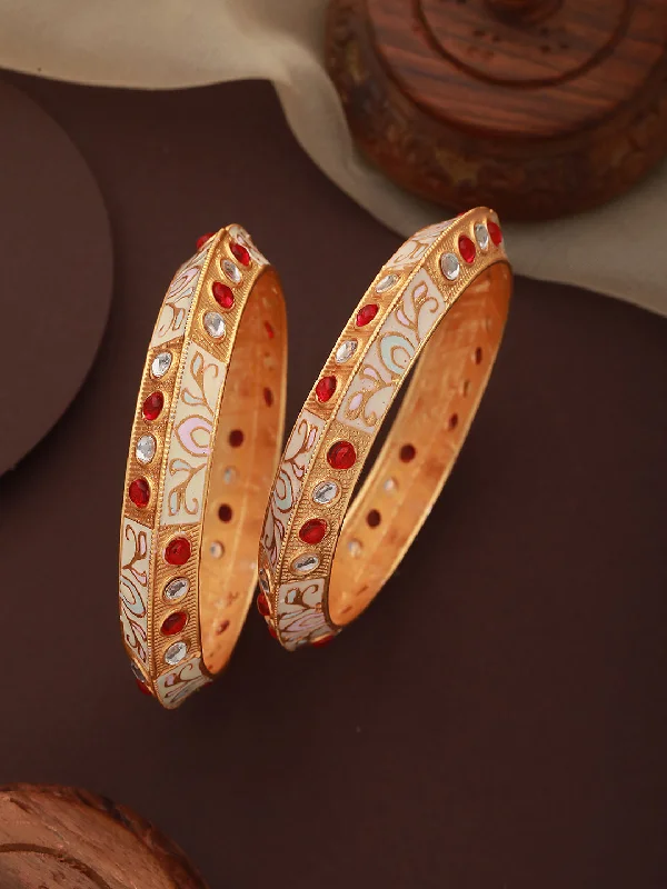 Luxury Gold Bangle Bracelets-Set Of 2 Gold-Plated Red & White Kundan-Studded Meenakari Bangles