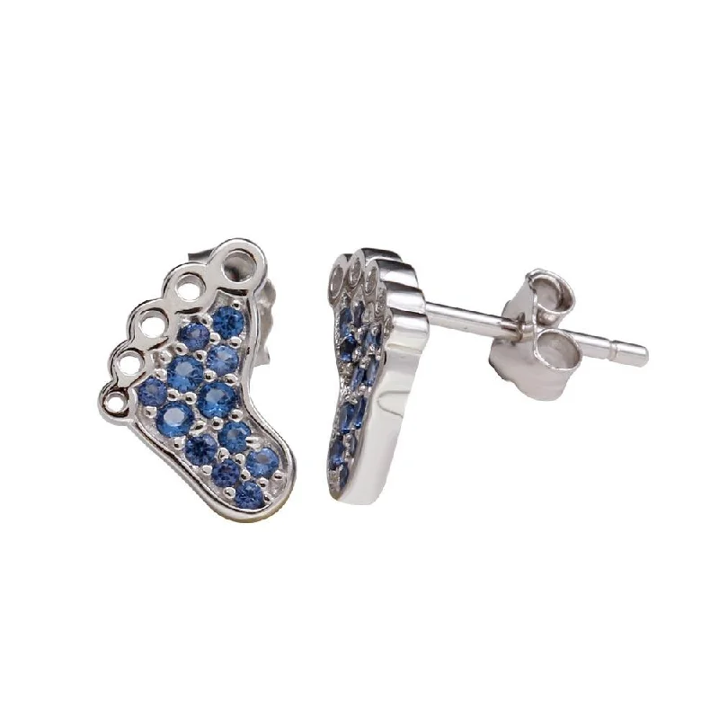 Sparkling Crystal Earrings-Rhodium Plated 925 Sterling Silver Foot Earrings with Blue CZ - STE01157BLUE