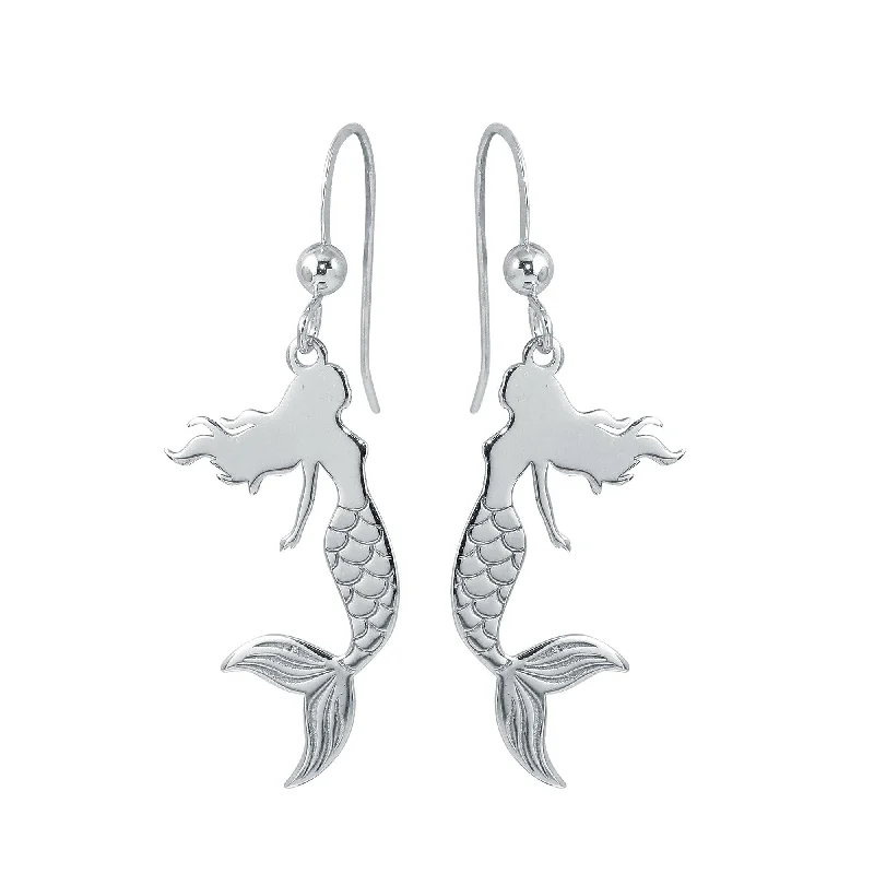 Modern Earrings for Women-Rhodium Plated 925 Sterling Silver Dangling Mermaid Earrings - SOE00034