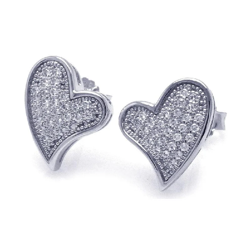 Big Statement Earrings-Silver 925 Rhodium Plated Micro Pave Clear Curvy Heart CZ Stud Earrings - ACE00040