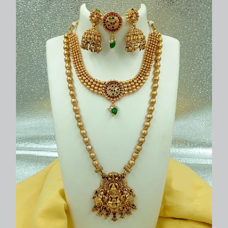 Statement Chain Necklaces-FS Collection Gold Plated Pota Stone Temple Double Necklace Set