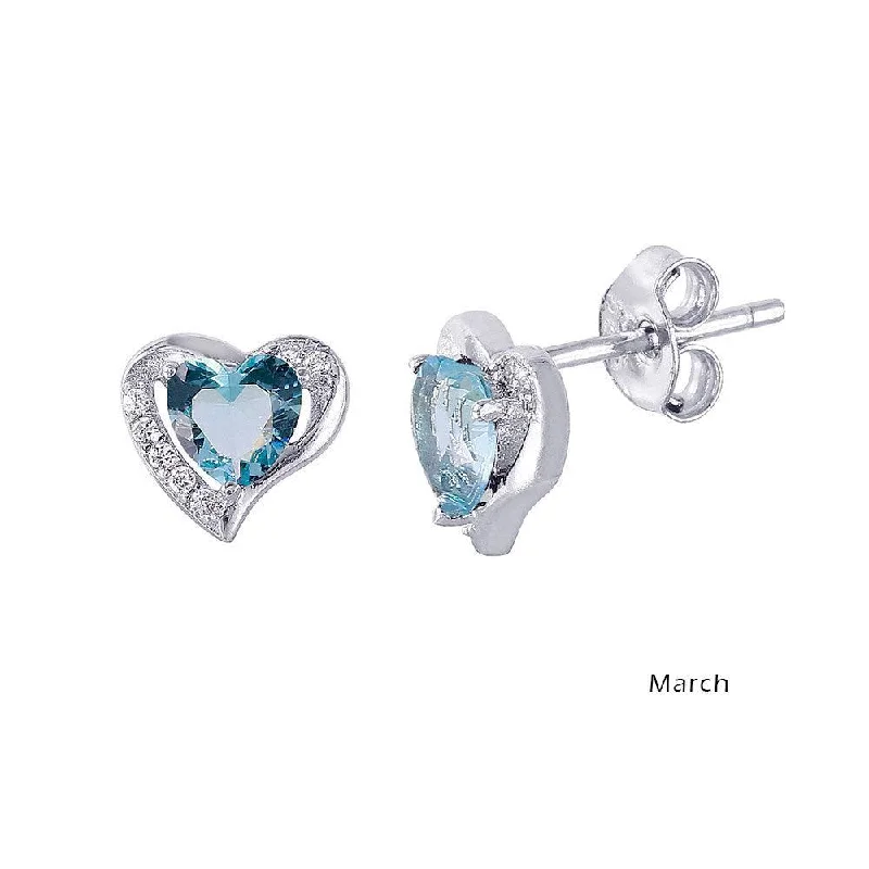 Wedding Jewelry Earrings-Rhodium Plated 925 Sterling Silver Heart with Birthstone Center Stud Earrings March - STE01028-MAR