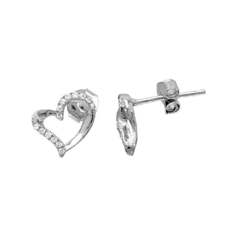 Gemstone Earrings for Weddings-Rhodium Plated 925 Sterling Silver Open Sideways CZ Heart Stud Earrings - BGE00510