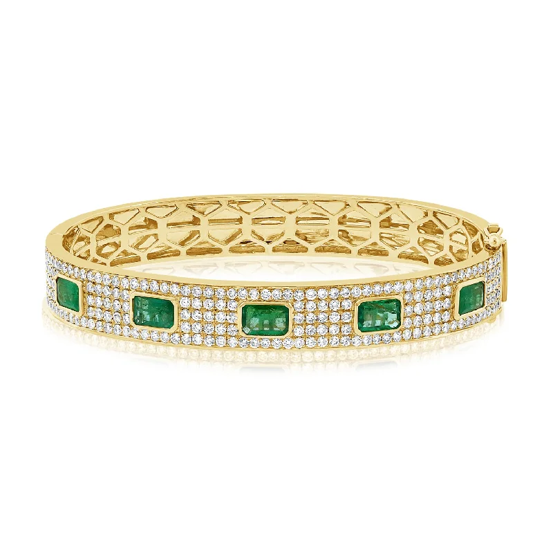 Modern Gold Bracelets-5.60ct Emerald & Diamond Bangle Bracelet