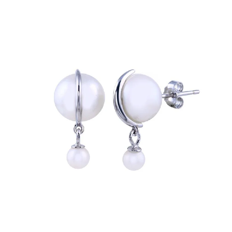 Wedding Drop Earrings-Rhodium Plated 925 Sterling Silver Dangling Fresh Water Pearl Earring - STE01305