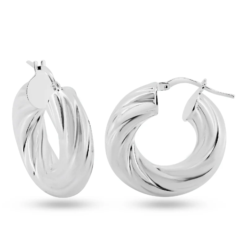 Stylish Earrings for Brides-Rhodium Plated 925 Sterling Silver Silver Twisted Inner Size 12mm Hoop Earrings - ARE00029