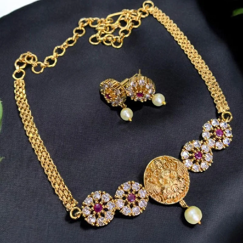 Heart-Shaped Necklaces-Sona Creation Gold Plated AD Stone Temple Necklace Set