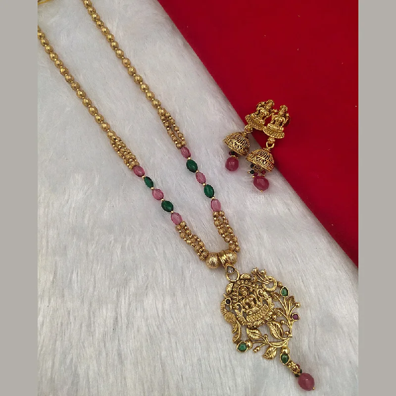 Simple Gold Necklaces-Kala Creation Gold Plated Pota Stone Temple Necklace Set