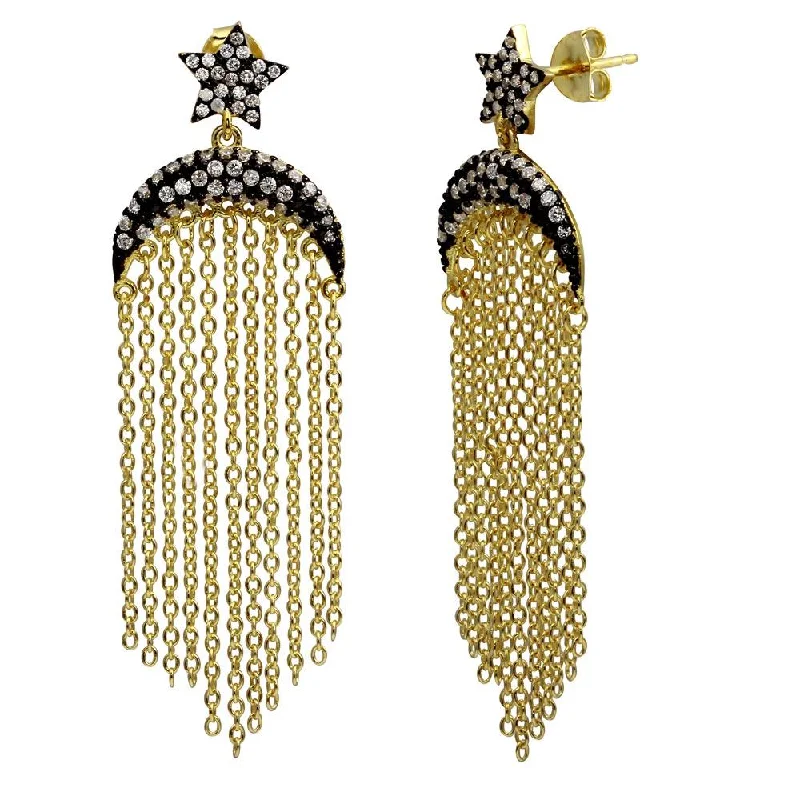 Beautiful Pearl Drop Earrings-Gold Plated 925 Sterling Silver Moon and Star with Tassel - BGE00580