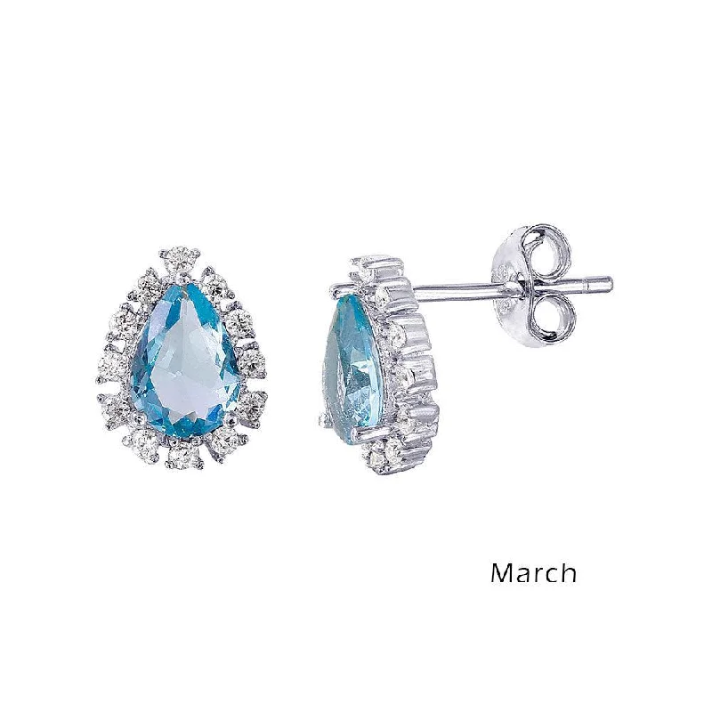 Trendy Ear Cuffs-Rhodium Plated 925 Sterling Silver Teardrop Halo CZ Birthstone Earrings March - STE01027-MAR