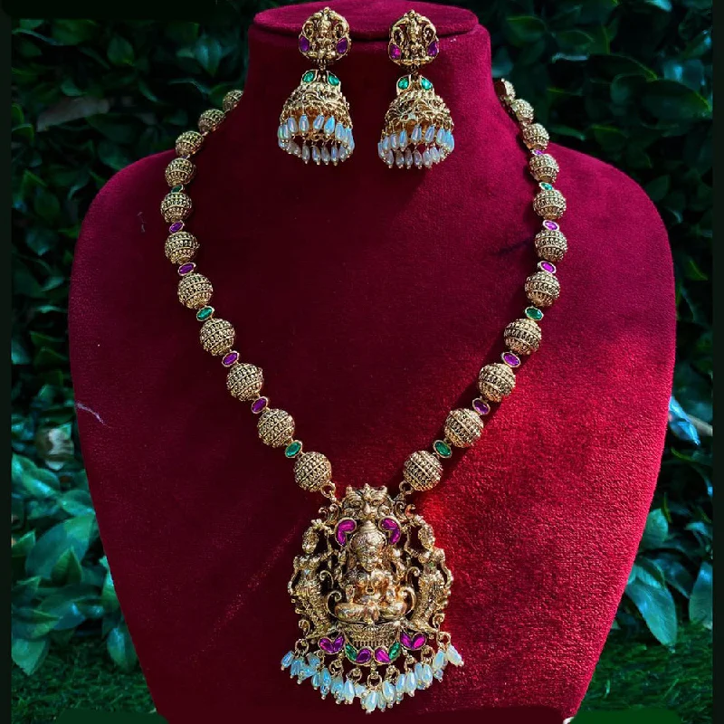 Sparkling Heart Pendant Necklaces-Royal Kundan Jewellery Gold Plated Pota Stone And Pearls Temple Necklace Set