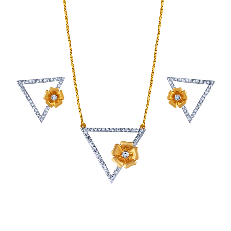 Customizable Gold Necklaces-18k Triangular Diamond Necklace Earrings Set With An Intricate Flower