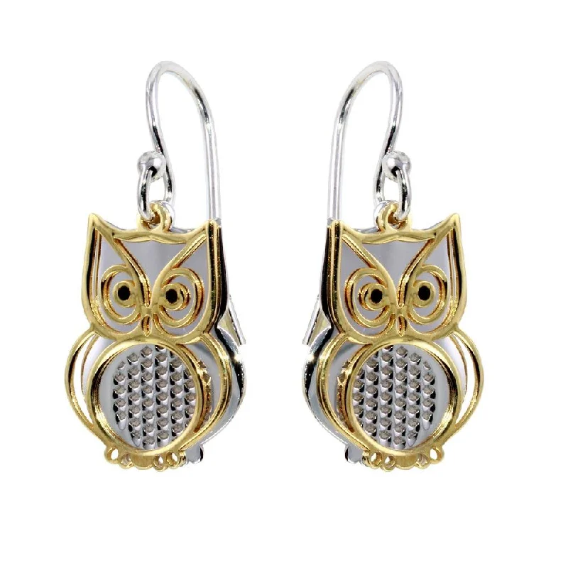 Gold Dangle Earrings-Two-Tone 925 Sterling Silver Flat Owl Earrings - SOE00001