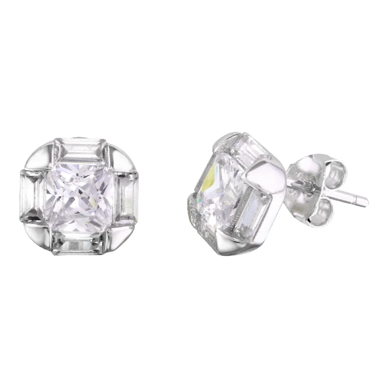 Vintage Silver Earrings-Rhodium Plated 925 Sterling Silver CZ Stud Earrings - BGE00567