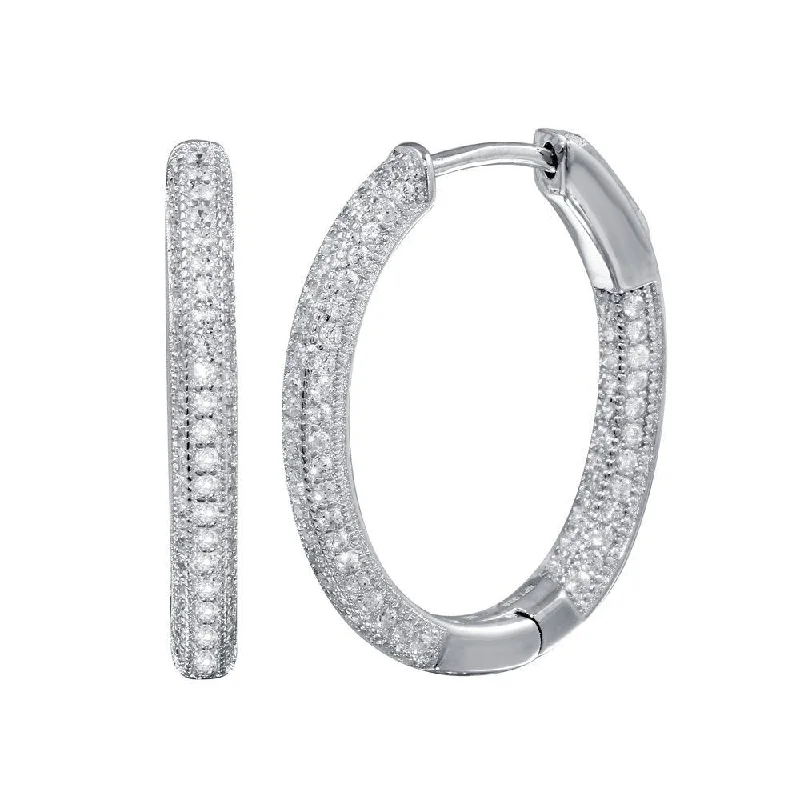 Cute Stud Earrings-Rhodium Plated 925 Sterling Silver Inside Out CZ Oval Hoop Vault Lock Earring - STE01240