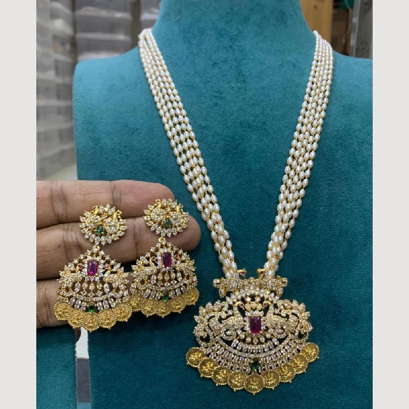 Luxury Diamond Necklaces for Weddings-Sona Creation Gold Plated Austrian Stone And Pearls Temple Necklace Set